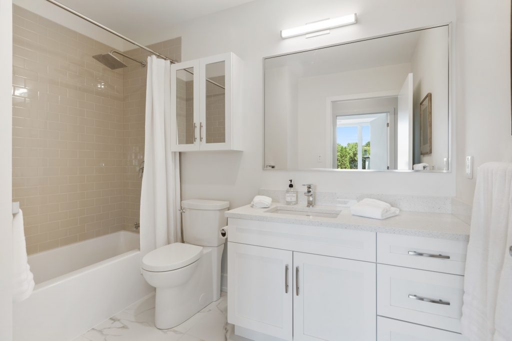 Newly remodeled bathroom with granite countertops