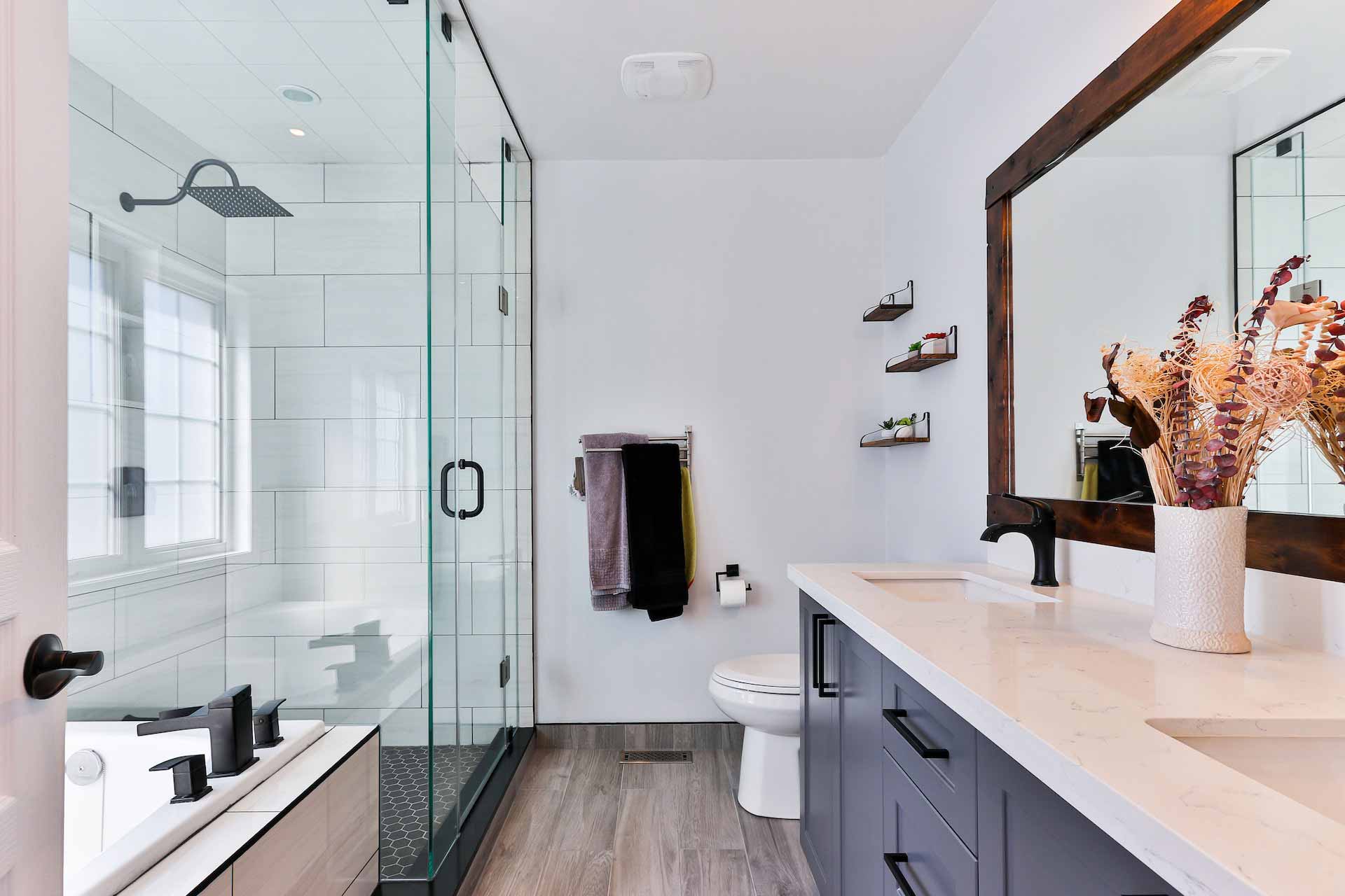 Bathroom with new quartz countertop installed