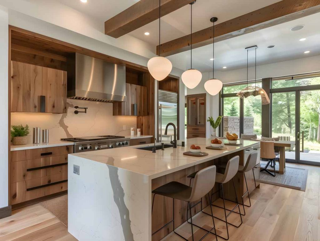 Newly renovated kitchen with trendy waterfall countertop